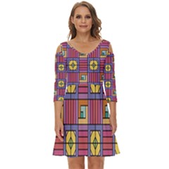 Pattern Geometric Colorful Lines Shapes Shoulder Cut Out Zip Up Dress