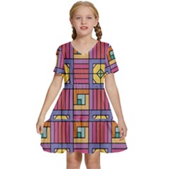 Pattern Geometric Colorful Lines Shapes Kids  Short Sleeve Tiered Mini Dress