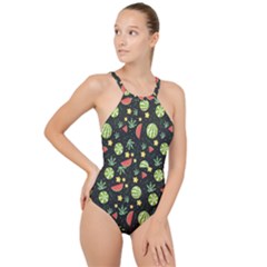 Watermelon Berry Patterns Pattern High Neck One Piece Swimsuit