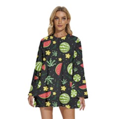 Watermelon Berry Patterns Pattern Round Neck Long Sleeve Bohemian Style Chiffon Mini Dress