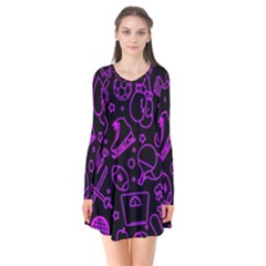 Telegram Pattern Art Patterns Long Sleeve V-neck Flare Dress