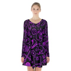 Telegram Pattern Art Patterns Long Sleeve Velvet V-neck Dress by Jancukart