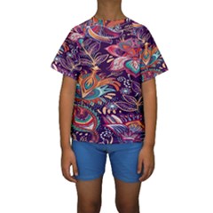 Ornamental Patterns Abstract Flower Pattern Purple Kids  Short Sleeve Swimwear