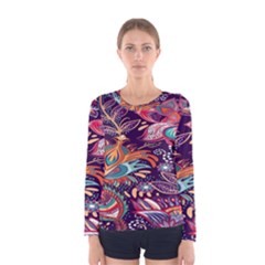 Ornamental Patterns Abstract Flower Pattern Purple Women s Long Sleeve Tee