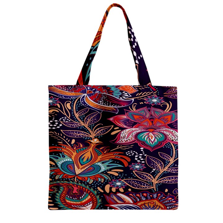 Ornamental Patterns Abstract Flower Pattern Purple Zipper Grocery Tote Bag