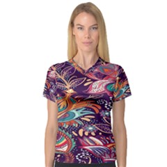 Ornamental Patterns Abstract Flower Pattern Purple V-neck Sport Mesh Tee