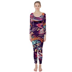 Ornamental Patterns Abstract Flower Pattern Purple Long Sleeve Catsuit