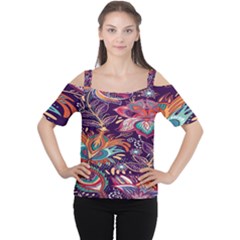 Ornamental Patterns Abstract Flower Pattern Purple Cutout Shoulder Tee