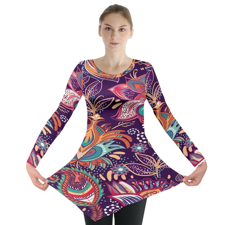 Ornamental Patterns Abstract Flower Pattern Purple Long Sleeve Tunic 