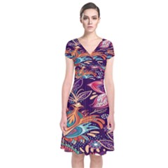 Ornamental Patterns Abstract Flower Pattern Purple Short Sleeve Front Wrap Dress