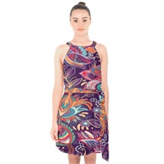 Ornamental Patterns Abstract Flower Pattern Purple Halter Collar Waist Tie Chiffon Dress