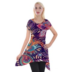 Ornamental Patterns Abstract Flower Pattern Purple Short Sleeve Side Drop Tunic