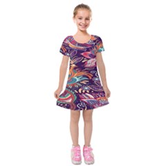 Ornamental Patterns Abstract Flower Pattern Purple Kids  Short Sleeve Velvet Dress