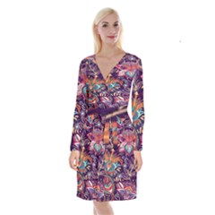 Ornamental Patterns Abstract Flower Pattern Purple Long Sleeve Velvet Front Wrap Dress