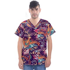 Ornamental Patterns Abstract Flower Pattern Purple Men s V-neck Scrub Top