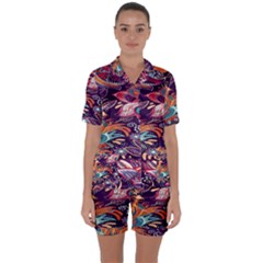 Ornamental Patterns Abstract Flower Pattern Purple Satin Short Sleeve Pajamas Set