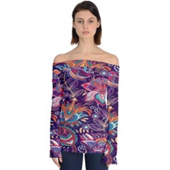 Ornamental Patterns Abstract Flower Pattern Purple Off Shoulder Long Sleeve Top