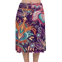 Ornamental Patterns Abstract Flower Pattern Purple Velvet Flared Midi Skirt