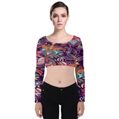 Ornamental Patterns Abstract Flower Pattern Purple Velvet Long Sleeve Crop Top