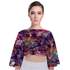 Ornamental Patterns Abstract Flower Pattern Purple Tie Back Butterfly Sleeve Chiffon Top