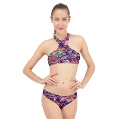 Ornamental Patterns Abstract Flower Pattern Purple High Neck Bikini Set by Jancukart