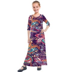 Ornamental Patterns Abstract Flower Pattern Purple Kids  Quarter Sleeve Maxi Dress