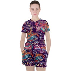 Ornamental Patterns Abstract Flower Pattern Purple Women s Tee And Shorts Set