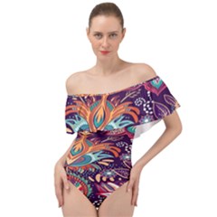 Ornamental Patterns Abstract Flower Pattern Purple Off Shoulder Velour Bodysuit 