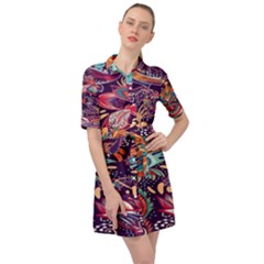 Ornamental Patterns Abstract Flower Pattern Purple Belted Shirt Dress