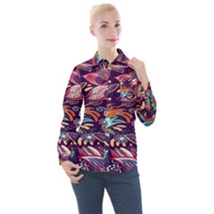 Ornamental Patterns Abstract Flower Pattern Purple Women s Long Sleeve Pocket Shirt