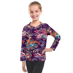 Ornamental Patterns Abstract Flower Pattern Purple Kids  Long Mesh Tee