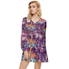 Ornamental Patterns Abstract Flower Pattern Purple Tiered Long Sleeve Mini Dress