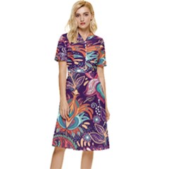 Ornamental Patterns Abstract Flower Pattern Purple Button Top Knee Length Dress