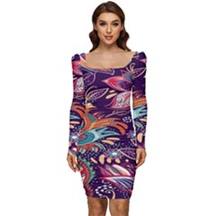 Ornamental Patterns Abstract Flower Pattern Purple Women Long Sleeve Ruched Stretch Jersey Dress