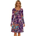 Ornamental Patterns Abstract Flower Pattern Purple Long Sleeve Dress With Pocket View1