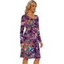 Ornamental Patterns Abstract Flower Pattern Purple Long Sleeve Dress With Pocket View3