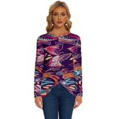 Ornamental Patterns Abstract Flower Pattern Purple Long Sleeve Crew Neck Pullover Top