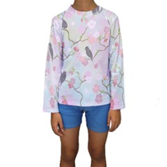 Birds Blossom Seamless Pattern Kids  Long Sleeve Swimwear