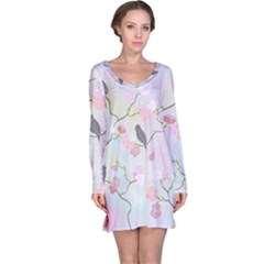 Birds Blossom Seamless Pattern Long Sleeve Nightdress