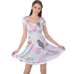 Birds Blossom Seamless Pattern Cap Sleeve Dress