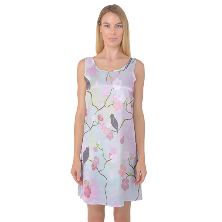 Birds Blossom Seamless Pattern Sleeveless Satin Nightdress