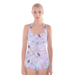 Birds Blossom Seamless Pattern Boyleg Halter Swimsuit 