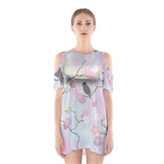 Birds Blossom Seamless Pattern Shoulder Cutout One Piece Dress