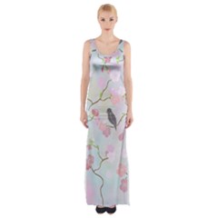 Birds Blossom Seamless Pattern Thigh Split Maxi Dress