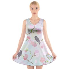 Birds Blossom Seamless Pattern V-neck Sleeveless Dress