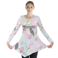 Birds Blossom Seamless Pattern Long Sleeve Tunic 