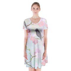 Birds Blossom Seamless Pattern Short Sleeve V-neck Flare Dress