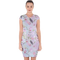 Birds Blossom Seamless Pattern Capsleeve Drawstring Dress 