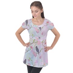 Birds Blossom Seamless Pattern Puff Sleeve Tunic Top