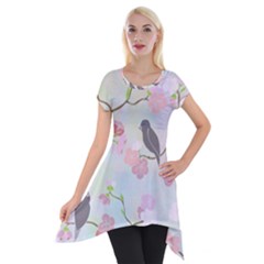 Birds Blossom Seamless Pattern Short Sleeve Side Drop Tunic